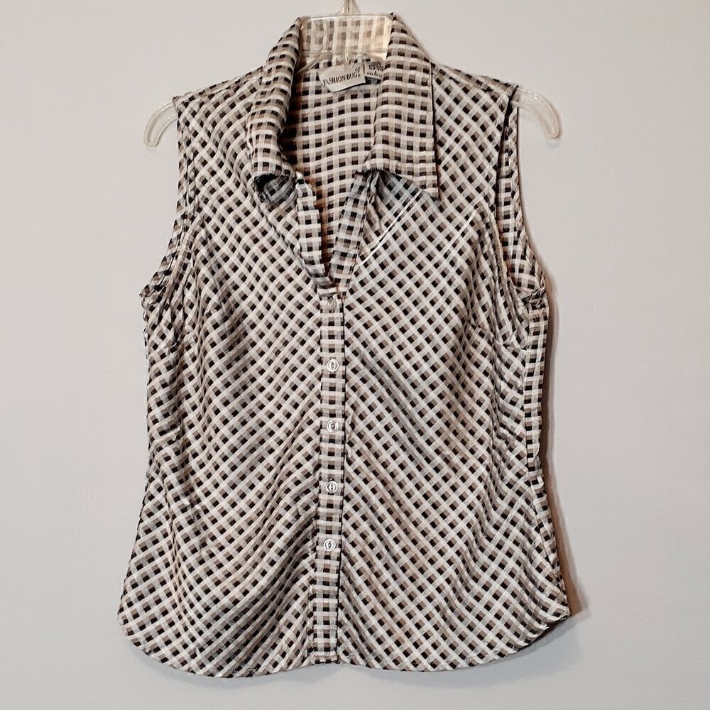 Fashion BUG Brown Plaid Sleeveless Slim Fit Button Blouse; Size Large